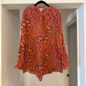 Lucky Brand Floral Long Sleeve Button Up Blouse Red & Orange Sz XL Boho Feminine